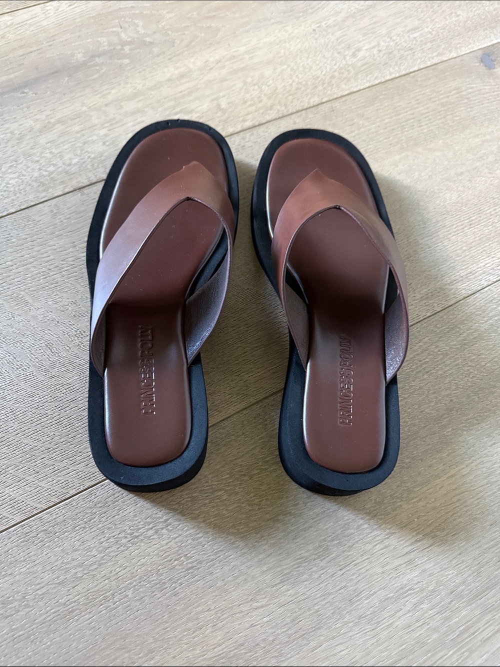 Princess Polly Brown Leather Thong Sandals with Black Sole